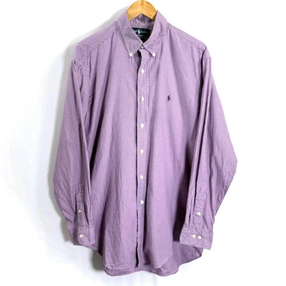 Ralph Lauren Yarmouth Shirt Purple White Micro Check Cotton 16.5‎ 34/35